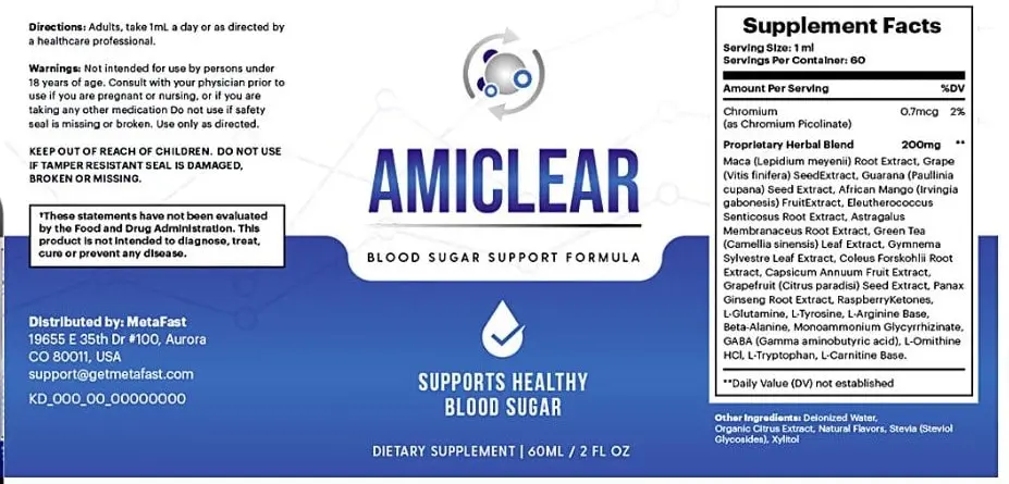 Amiclear Supplement Facts
